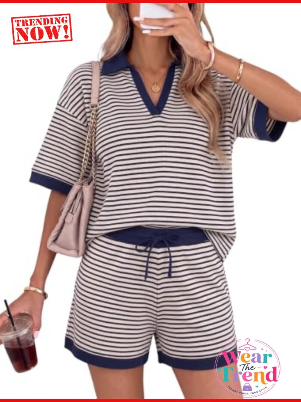 Waffle Knit 2 Piece Short Set Striped Lounge Matching Outfit Collared